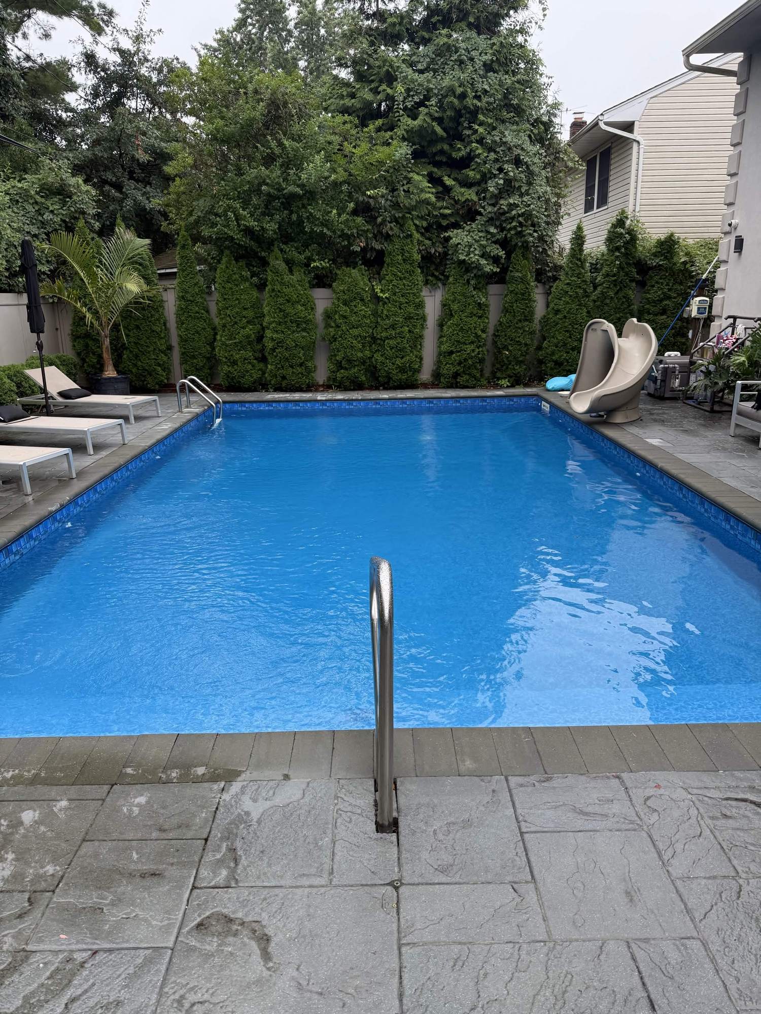 Rectangular vinyl in-ground pool with stainless ladder, water slide, and a cypress hedge along the back fence.